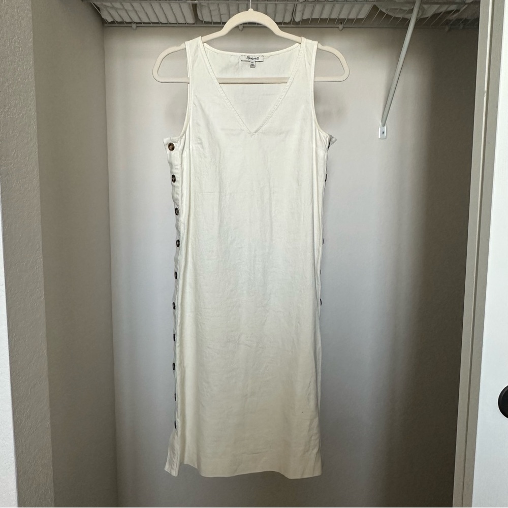 madewell cream linen midi dress with side buttons